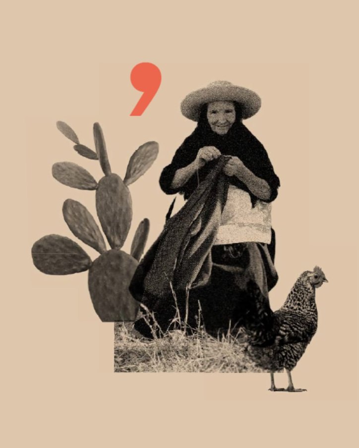 Pieza de L'Quipe: collage de una mujer mayor con sombrero, una chumbera y una gallina, con una coma roja.