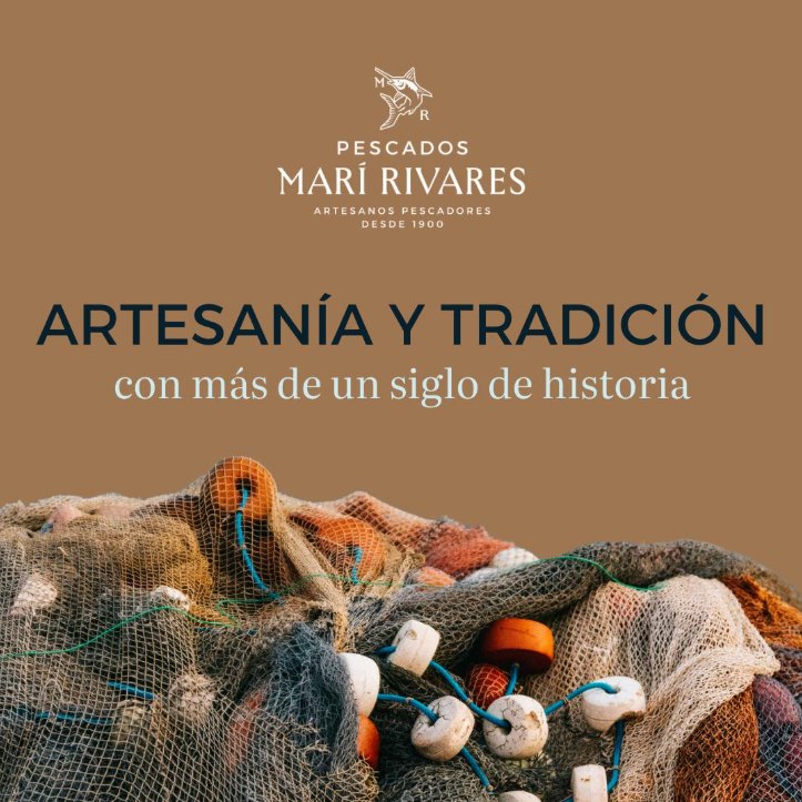 Pieza de Pescados Marí Rivares: «Artesanía y tradición, con más de un siglo de historia», sobre redes y boyas.
