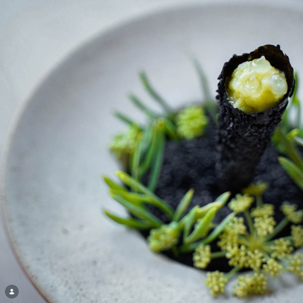 El postre emplatado: un cono negro relleno de yuzu sobre brotes de salicornia y flores de hinojo.