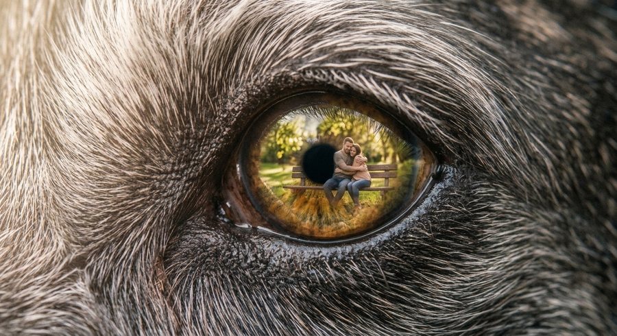 El mismo ojo; en el reflejo, una familia sentada al aire libre.