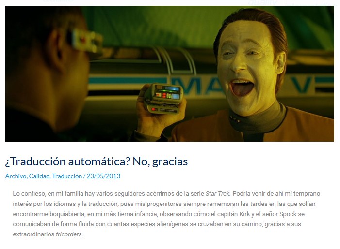 Captura del blog de Zesauro: artículo «¿Traducción automática? No, gracias», con una imagen de Data, de Star Trek.