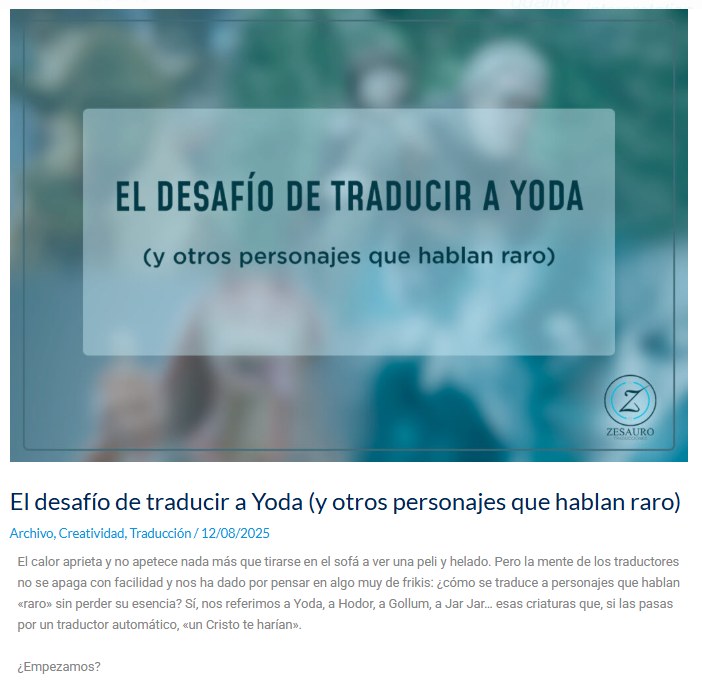 Captura del artículo «El desafío de traducir a Yoda (y otros personajes que hablan raro)».