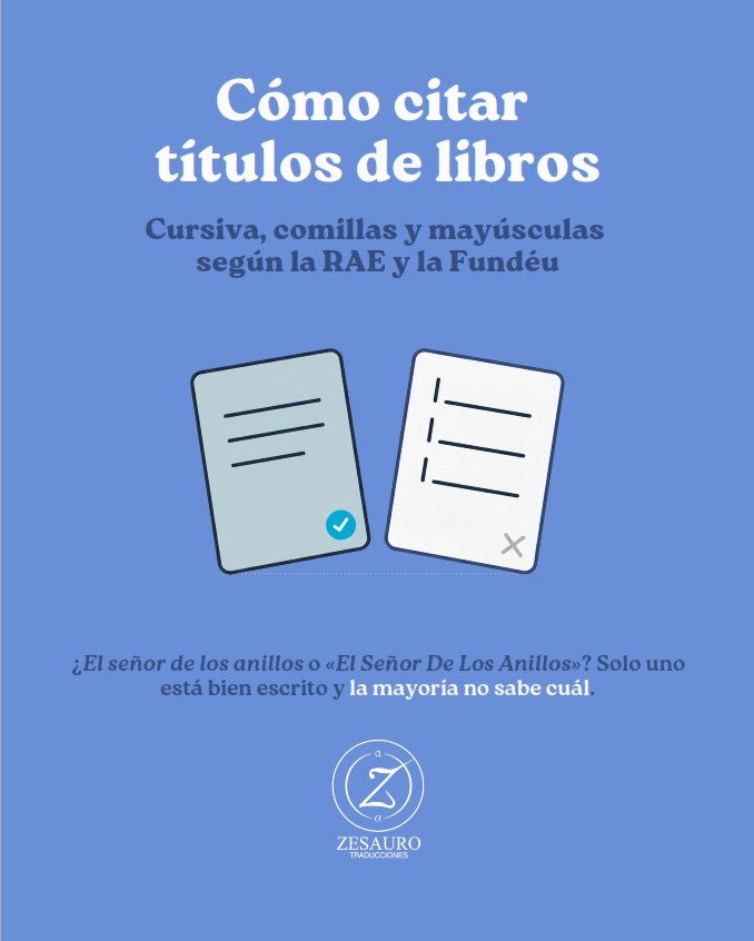 Portada del carrusel: «Cómo citar títulos de libros. Cursiva, comillas y mayúsculas según la RAE y la Fundéu».