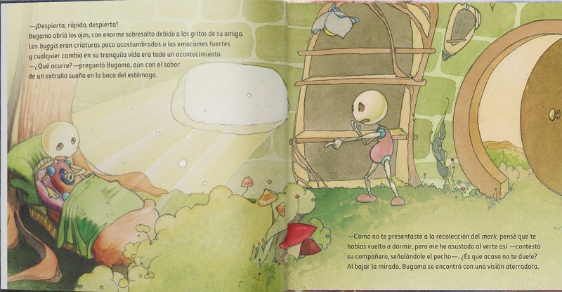 Doble página del álbum: Bugama despierta en su cama mientras su amigo le avisa desde la puerta.