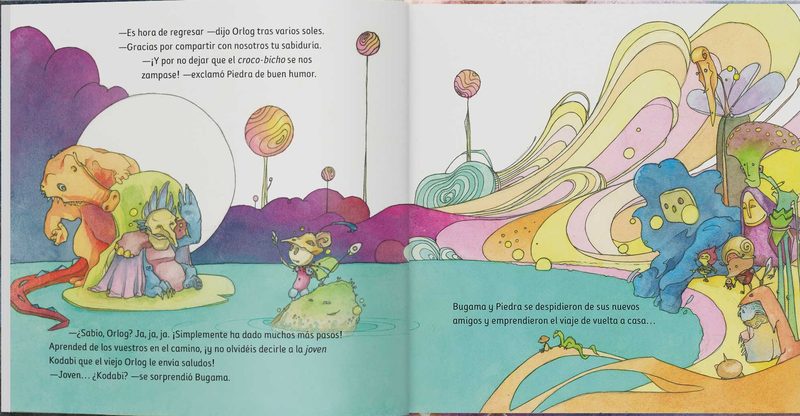 Doble página del álbum: Bugama y Piedra se despiden de sus nuevos amigos junto a un lago de colores.